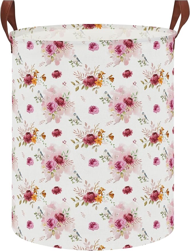 NTAOHAMPER Retro Pink Floral Large Laundry Hamper,Laundry Basket,Baby Nursery Hamper,Waterproof Storage Bin,Clothes Organizer Basket,Room Decor(Retro Pink Floral）
