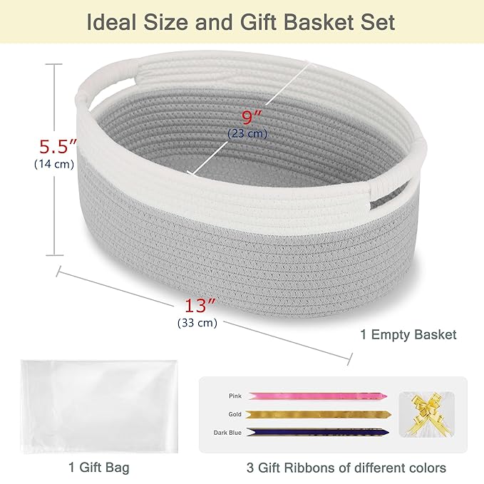 Small Woven Basket with Gift Bags and Ribbons, Empty Baby Gift Baskets for Kids Women Men, Shelf Storage, Small Cat Dog Pet Toy Boxes, 13”x 9”x 5.5”, Cool Gray