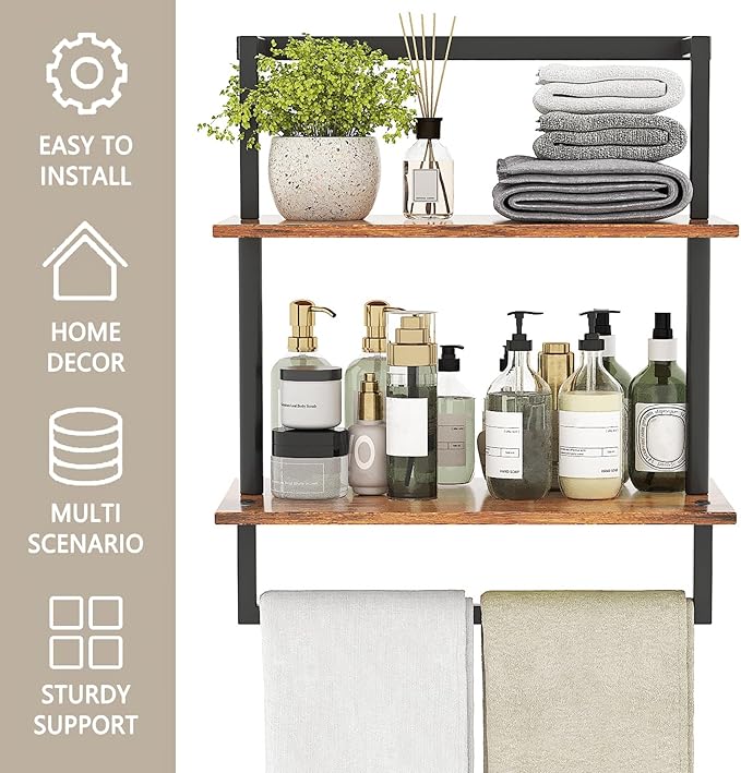 Wall Mounted Towel Rack for Bathroom, Bath Storage Holder 3-Tier Steel Wood Towel Shelf with Bar, Rustic Brown