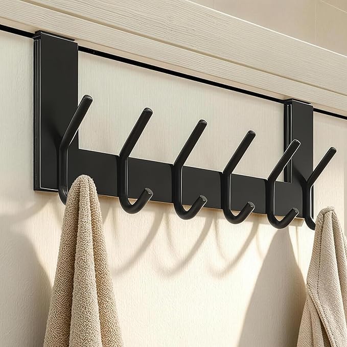 WEBI Over The Door Hooks Door Hanger:Over The Door Towel Rack with 6 Coat Hooks for Hanging,Towel Hanger Door Coat Hanger Door Coat Rack for Towels,Jacket,Clothes,Back of Bathroom,Black