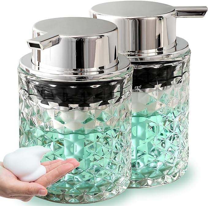 Malachi Foaming Hand Soap Dispenser, Refillable Clear Glass Foam Pump Bottle for Hand Soap, Dish Soap, Body Wash, Shampoo, Facial Cleanser & Baby Wash, Multi‑use for Bathroom, Kitchen & Commercial Use