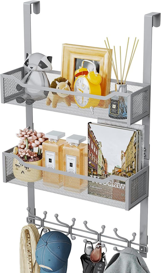 SWTYMIKI Over The Door Hooks Organizer - Multi-Functional Door Hanger with 16 Hooks & 2 Mesh Baskets, Long Coat Rack for Bathroom, Bedroom, Living Room, Home Storage Organizer, Gray