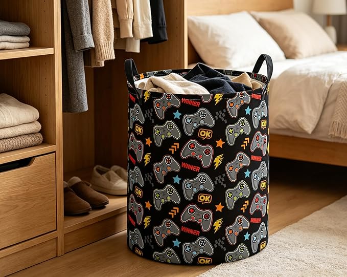 ESSME Kids Laundry Basket,Game Hamper Collapsible Canvas Waterproof Storage Bin for Boys, Cute Hamper,Gift Baskets(Game)