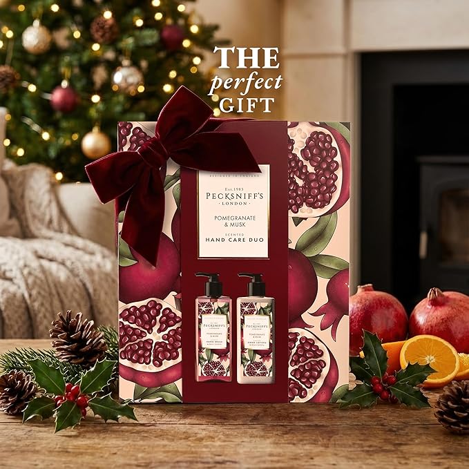 Pecksniff’s Enchanted Winter Hand Care Duo, Pomegranate & Musk, Hard Box Gift Set with 300ml Hand Wash and 300ml Hand Lotion, Designed in England