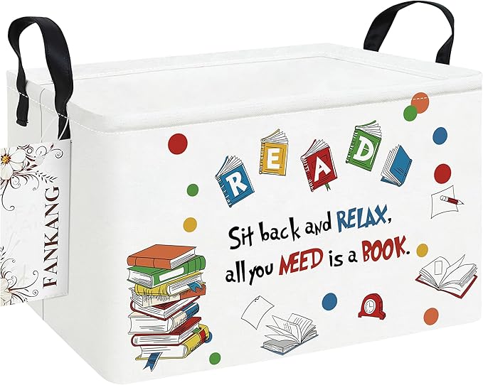 Storage Bins, Nursery Hamper Canvas Laundry Basket Foldable with Waterproof PE Coating Large Storage Baskets for Kids Boys and Girls, Office, Bedroom, Clothes,Toys(Rec-Reading ）