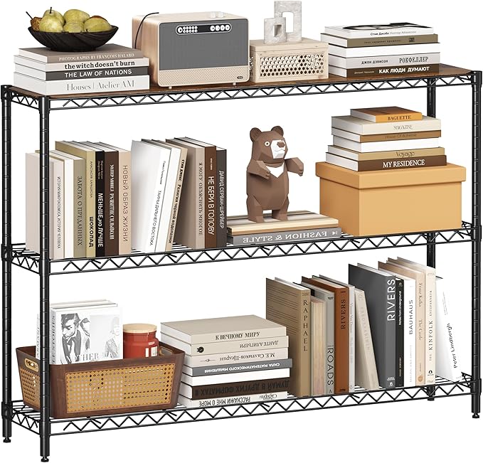 Homeiju 3-Tier Kitchen Storage Shelf, 41" Wide Adjustable Standing Metal Shelving Unit with Removable Wooden Boards, Heavy Duty for Pantry, Bathroom, Garage, Entryway, Plant Stand, Black