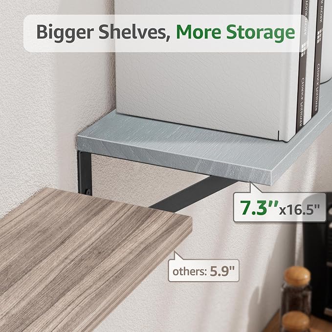 COCOYA Wall Shelves 7.3" Deep Set of 3, Solid Paulownia Wood Wider Longer Sturdy Easy to Install Wall Mounted Bookshelves Storage Shelves Bathroom Home Office Laundry Room Bedroom Organizer Gray
