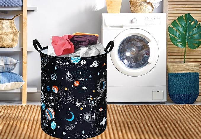 Kids Laundry Hamper Storage Basket Laundry Organizer Hamper Storage Bins Clothes Box Nursery Hamper Gift Basket with Handles (Black planet)