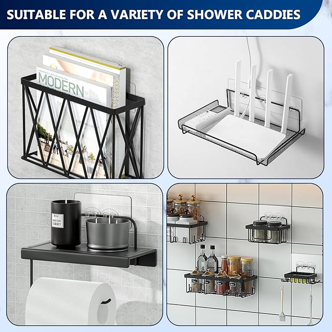 6 Pack Caddy Adhesive Replacement, Waterproof Adhesive Strips, Strong Hooks for No Drilling Bathroom Storage Shelves, Soap Holder, and Kitchen Racks (Clear 1 Hooks & 3 Hooks)