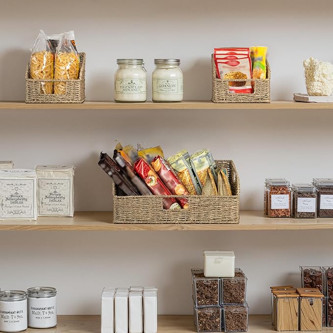 StorageWorks Seagrass Pantry Storage Baskets, Wicker Baskets with Built-in Handles, Handwoven Shelf Baskets for Organizing, Pantry Organizers and Storage, 3 Pack