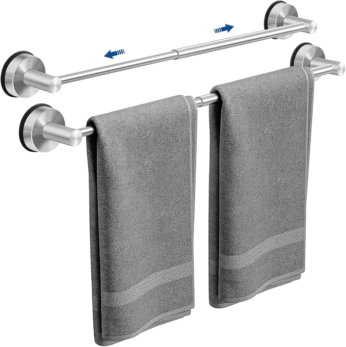 Adjustable Suction Cup Towel Bar for Bathroom Wall, 14.6–24 Inches Brushed Nickel Towel Bar, Stainless Steel Bath Towel Holder, Towel Racks for Bathroom Shower (Brushed Nickel, 2 Pack)