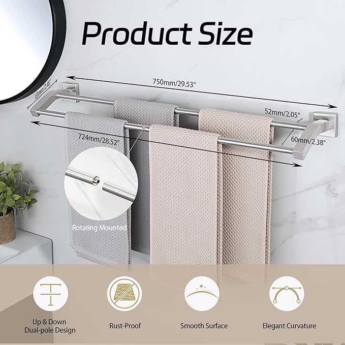Alise Double Towel Bar, 28 Inch Towel Rack for Bathroom Wall Mounted, SUS304 Stainless Steel Bathroom Towel Holder Joining Process Towel Rail for Bathroom, Brushed Nickel