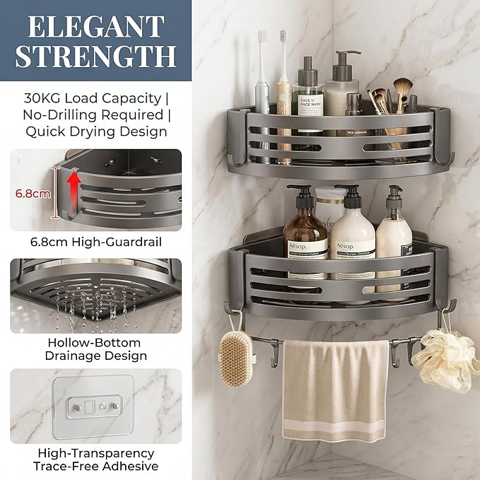 corner shower rack, non drilled self-adhesive corner rack, shower rack, shower caddy，cormer shelf，Storage rack， 2-piece， set matte gray，space aluminum