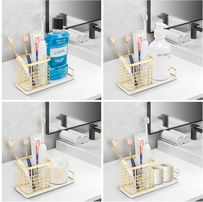 Toothbrush Holder, Luxurious Metal Toothbrush Toothpaste Holder with Marble Base for Bathroom, Multi-Slots Openwork Design, Bathroom Accessory for Storage and Organizer (Large, Gold)