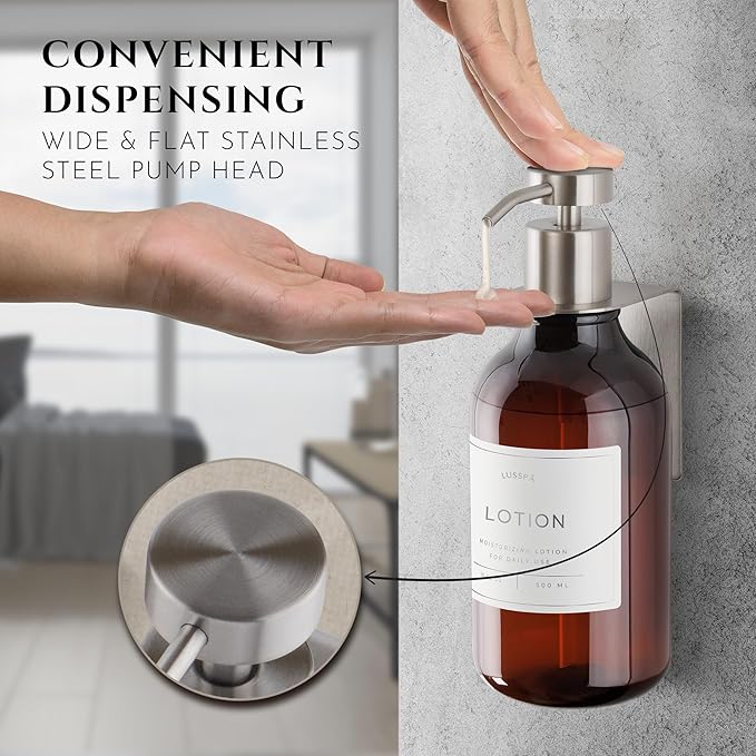 Shower Shampoo Dispenser Wall Mounted – 3 Refillable 16.9 oz Amber Bottles with Stainless Steel Pumps & No-Drill Adhesive Holders – Soap Dispenser Set for Bathroom (3 X Amber/Silver)