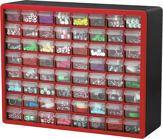 Akro-Mils 64-Drawer Plastic Drawer Storage Cabinet for Garage Organization, Bead Organizer, Building Bricks Storage, Teacher Toolbox, Makeup Organizer, 20" W x 6" D x 16" H, 10164 Red