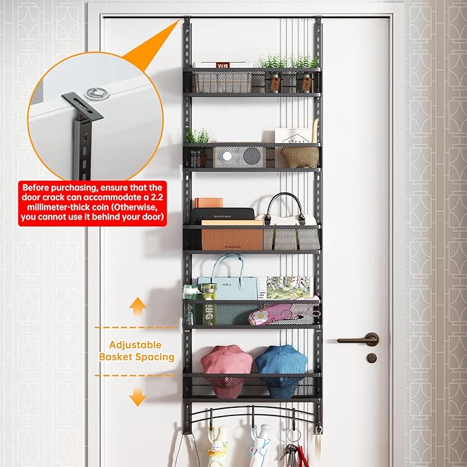 Space-Saving Over The Door Organizer with 5 Adjustable Baskets & 5 Hooks, Metal Wall Mount Storage Rack, Behind The Door Storage for Bathroom, Kitchen, Pantry, Laundry Room (Black)