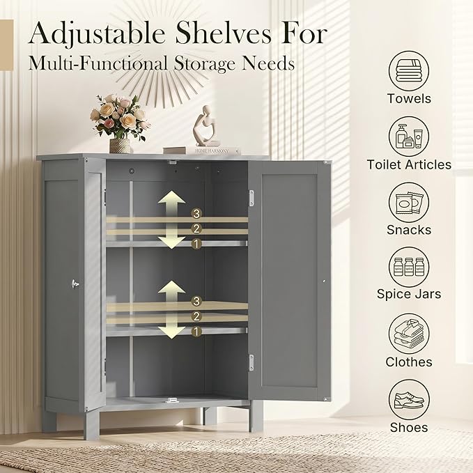 SUPER DEAL Modern Bathroom Floor Storage Cabinet with Adjustable Shelf and Double Door Rust Proof, Living Room Modern Home Furniture Storage Organizer Cabinet, Grey