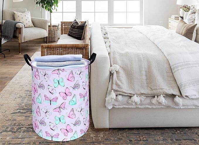 Kids Laundry Hamper Clothes Gift Basket Storage Laundry Baskets Organizer Bin with Handles for Nursery Room (Purple Butterfly)