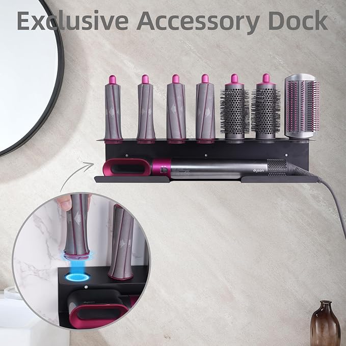 Hair Dryer Holder for Airwrap, Aluminum Hair Tool Holder Wall Mount Black with 7 Custom Slots & Cable Hook, Hair Tool Organizer Wall Mounted for Bathroom BANJEKT