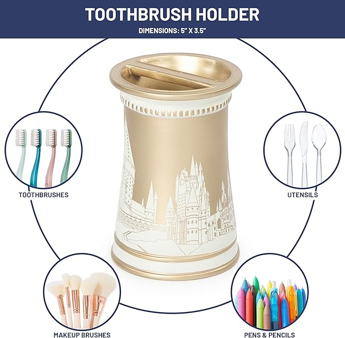 Jay Franco Harry Potter Toothbrush Holder - Gold Resin Pencil Holder Features Hogwarts Castle - Bathroom Storage
