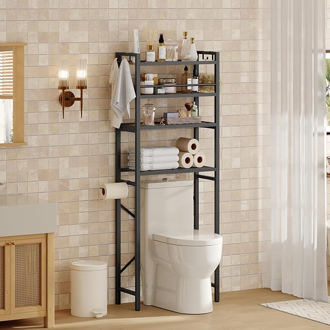 YATINEY Over The Toilet Storage Rack, 4-Tier Freestanding Bathroom Organizer Above Toilet, Toilet Shelf with Detachable Upper Shelves, X-Shaped Back Support, Rustic Brown and Black TR05BR