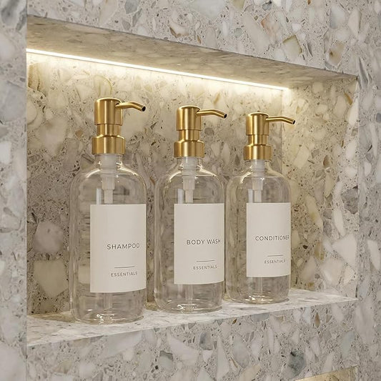 Stylish Shampoo and Conditioner Dispenser Set of 3 - Modern 21oz Shower Soap Bottles with Pump and Labels - Easy to Refill Body Wash Dispensers for an Instant Bathroom Decor Upgrade Clear