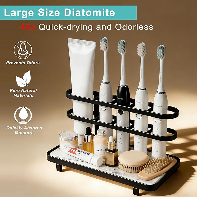 Electric Toothbrush Holders for Bathrooms, Bathroom Counter Organizer with Quick Dry Diatomaceous Earth Mat, 5 Slots Toothbrush and Toothpaste Holder Black, for Bathroom Sink Organizer Countertop