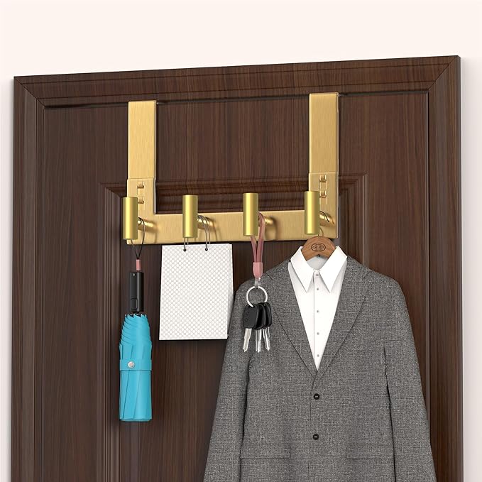 PMMASTO Over The Door Hooks, Fits 1-3/4" Thick Door No Drill Hooks for Closet Bathroom Bedroom Organization, Hanger for Coat Towel Robe (Gold, 4 T-Hooks)