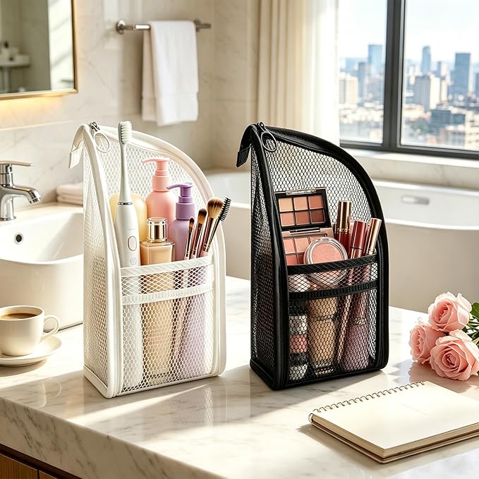 Standing Toiletry Bag, Lightweight Portable Travel Toiletry Bag, EVA Foldable Clear Hanging Makeup Bag, Breathable Cosmetic Organizer for Travel & Bathroom (Black and white)