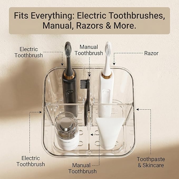Bathroom with compartmentalized Storage Rack, Non Perforated Toothbrush Toothpaste Storage Box, wall Mounted toiletries Storage Rack