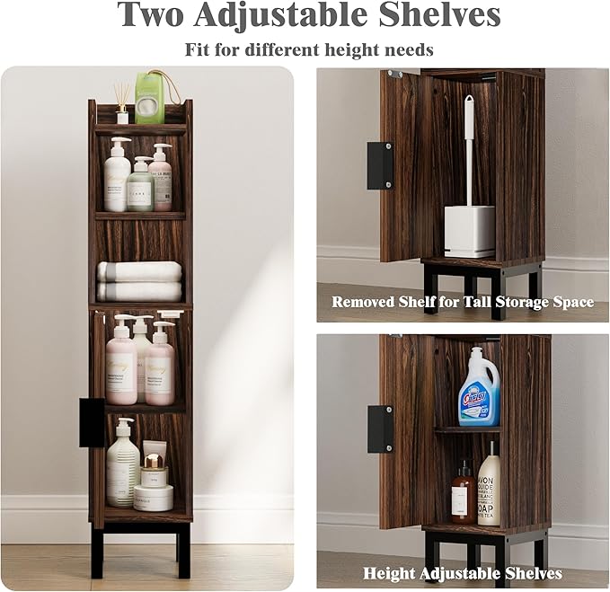 Small Bathroom Storage Cabinet, Corner Floor Cabinet with Door and Shelves, Narrow Toilet Paper Cabinet, Bathroom Organizer with Adjustable Shelf, for Small Spaces (Walnut)