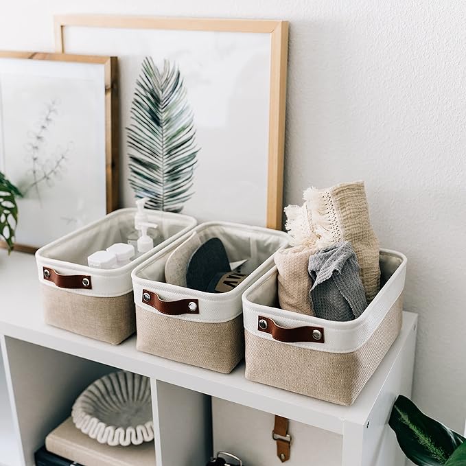 OrganiHaus 12x8in Canvas Storage Baskets 6 Pack | SMALL Fabric Bins for Shelves | Pantry & Bathroom Organizer | Beige/Off-White