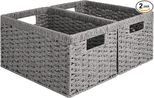 StorageWorks Round Paper Rope Storage Baskets, Rectangular Wicker Baskets with Built-in Handles, Gray, 2-Pack