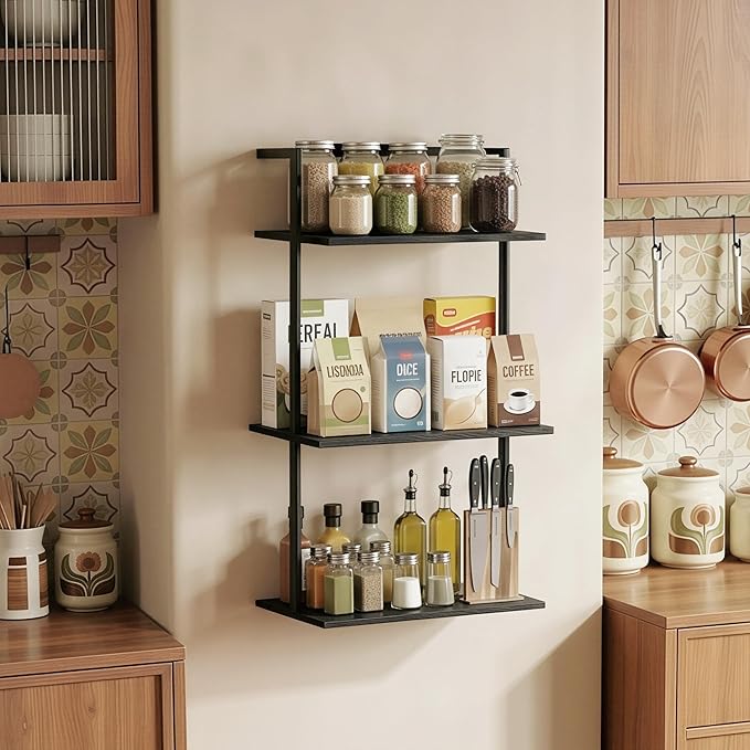 3-Tier Over the Toilet Storage Rack, Metal Wood Wall Mounted Floating Shelves for Bathroom Living Room Office, Black