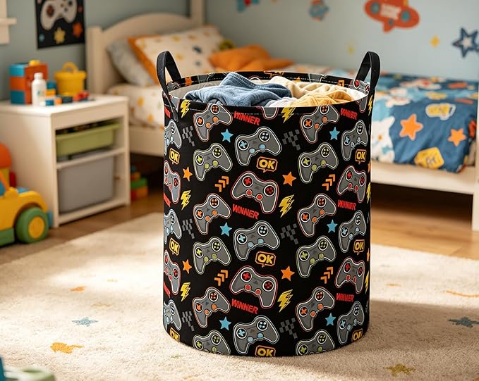 ESSME Kids Laundry Basket,Game Hamper Collapsible Canvas Waterproof Storage Bin for Boys, Cute Hamper,Gift Baskets(Game)