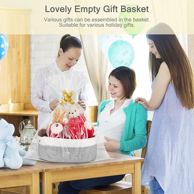 Small Woven Basket with Gift Bags and Ribbons, Empty Baby Gift Baskets for Kids Women Men, Shelf Storage, Small Cat Dog Pet Toy Boxes, 13”x 9”x 5.5”, Cool Gray