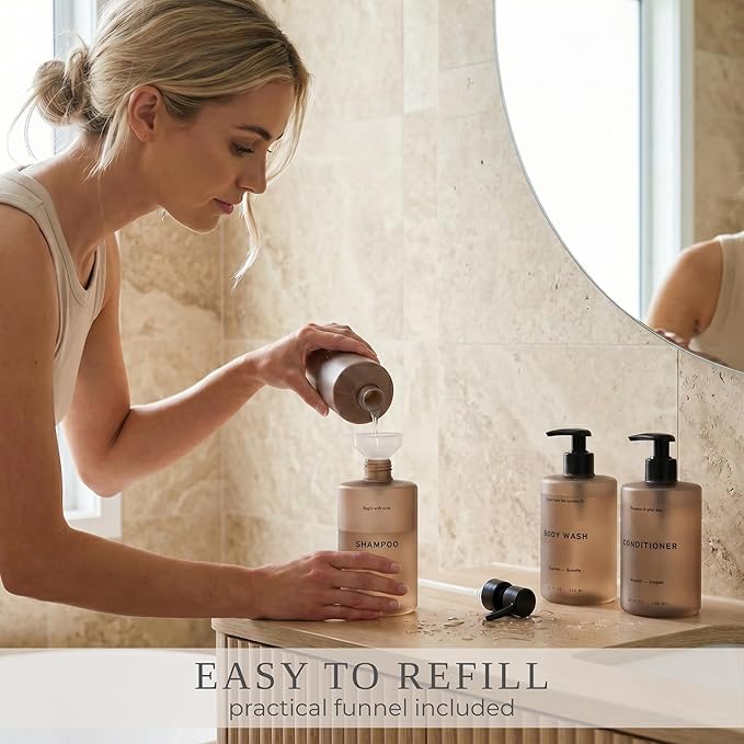 Stylish Shampoo and Conditioner Dispenser Set of 3 - Modern 20oz Shower Soap Bottles with Pump and Labels - Easy to Refill Body Wash Dispensers for an Instant Bathroom Decor Upgrade