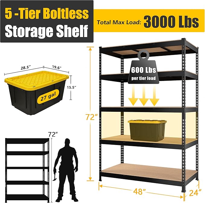 PrimeZone 48" x 24" x 72" Heavy Duty Storage Shelves, 5 Tier Adjustable Garage Storage Shelving, Metal Storage Utility Rack Shelf Unit for Warehouse Pantry Closet Kitchen, Black, 10 Pack