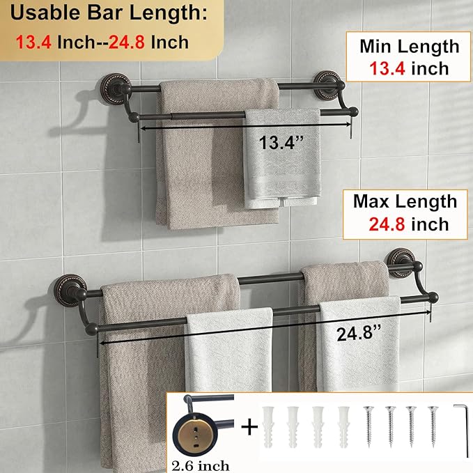 Double Towel Bar, Antique Brass Towel Racks for Bathroom Wall Mount, Adjustable Vintage Black Towel Bar 13.4"-24.8" Usable Bar Length, Heavy Duty Rustproof Bathroom Towel Rod Holder for Kitchen