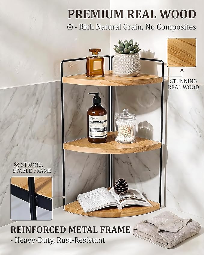 3-Tier Corner Bathroom Countertop Organizer, Solid Pine Wood Vanity Corner Shelf for Skincare & Makeup, Waterproof Standing Rack for Bathroom, Kitchen & Dresser, Large 15.7" H, Natural Wood