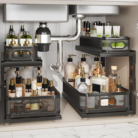 2 Pack 18.5IN-Depth Under Sink Organizer With Next-Gen Ball-Bearing Slides,2-Tier Precision Mesh Pull Out Cabinet Storage for Bathroom&Kitchen,Height Adjustable Drawers Shelf,Anti-rust-Black