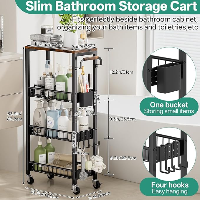 DTUQYX Laundry Room Organization Cart, 4 Tier Slim Rolling Cart for Small Narrow Spaces, Storage Shelf Cabinet with Wheels for Bathroom, Utility Room, Kitchen, Near Washer and Dryer (9.1" W Overall)
