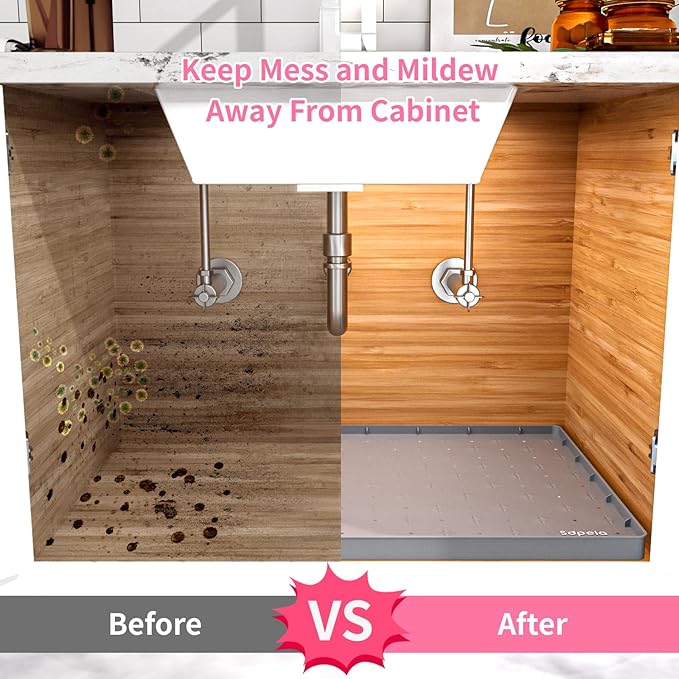 Sdpeia Under Sink Mat 22"×22" Waterproof Silicone Cabinet Liner & Sink Protector for Kitchen & Bathroom, Multi-Purpose Organizers Tray for Pets, Laundry, Cat Litter Mat,Gray