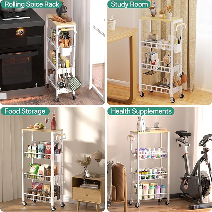 DTUQYX Slim Rolling Storage Cart, 4 Tier Small Organizer Cart with Wheels, Metal Utility Shelf Kitchen Bathroom Laundry Room Organization Trolley with Handle for Narrow Space (9.1" Overall Width)