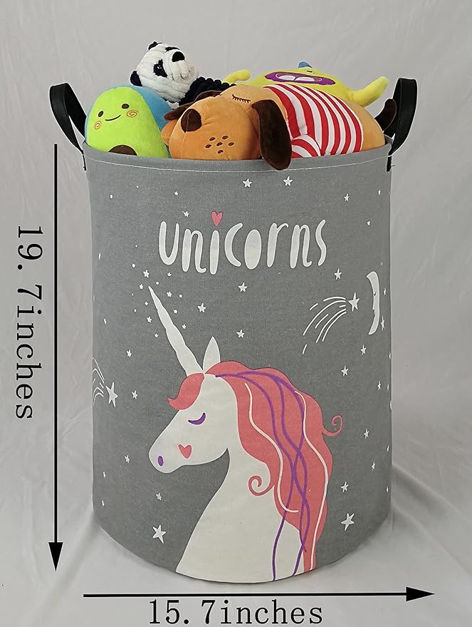 Kids Laundry Hamper Clothes Gift Basket Storage Laundry Baskets Organizer Bin with Handles for Nursery Room (Grey Unicorn)