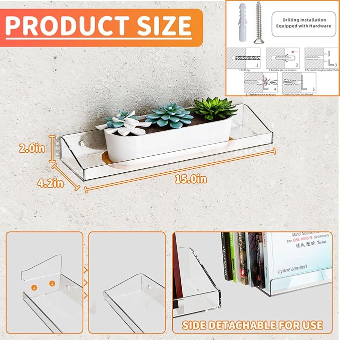 Yieach Clear Acrylic Shelves for Wall with Adhesive,6 PCS 15" No Drill Floating Shelves for Bedroom,Bathroom,Wall Display Shelf for Funko Pop,Lego,Collectibles,Action Figures,Nail Polish,Perfume Shelf