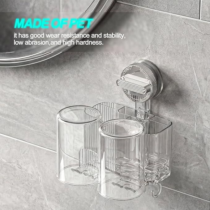Clear Toothbrush Holder for Bathroom, Multi-Functional 2 Cups Toothbrush Organizer Wall Mounted with 2 Storage Slot and 2 Toothbrush Cups