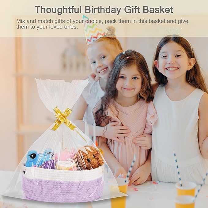Small Woven Basket with Gift Bags and Ribbons, Empty Baby Gift Baskets for Kids Women Men, Shelf Storage, Small Cat Dog Pet Toy Boxes, 13”x 9”x 5.5”, Purple