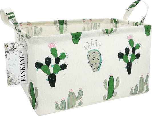 Storage Basket,Nursery Hamper Canvas Laundry Basket Foldable with Waterproof PE Coating Storage, Office, Bedroom, Clothes,Toys (L, Rec-Cactus)